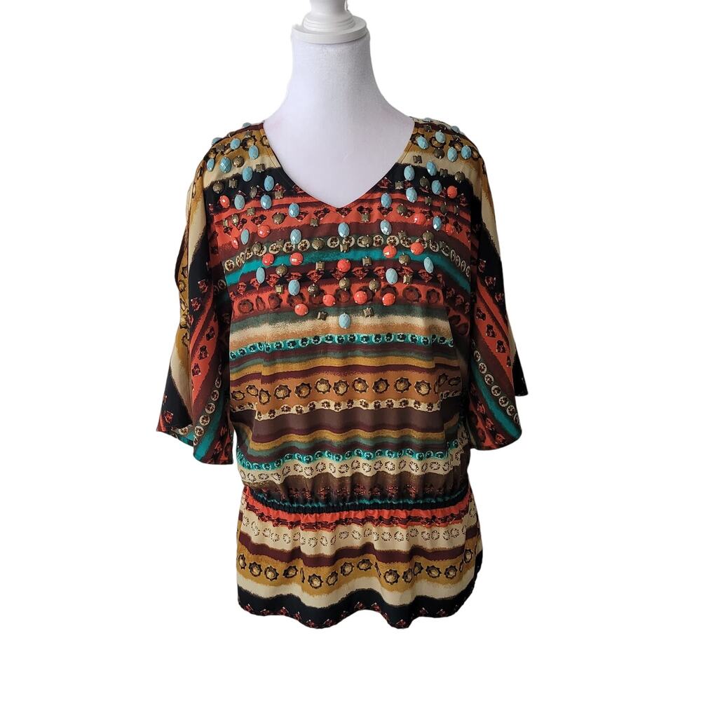 Chico's Size 1 US M Southwest Art to‎ Wear Rock Embellished Gathered Waist Top